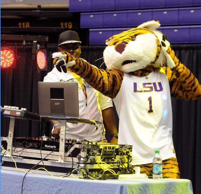 Mike the Tiger DJs at Basketball Bayou Madness in the PMAC on Friday, October 17.