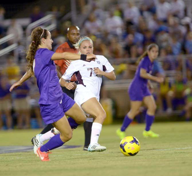 LSU junior midfielder Fernanda Pina (7) runs for the ball Friday at LSU soccer stadium where LSU lost to Texas A&amp;M 4-1.