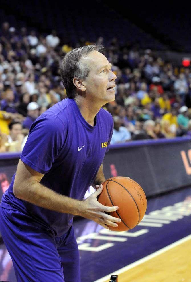 LSU President F. King Alexander participates in a shoot out during the Basketball Bayou Madness in the PMAC friday, October 17.