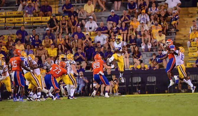 LSU sophomore safety Rickey Jefferson (29) intercepts the ball Saturday, September 6, 2014 during the Tigers' 56-0 win against Sam Houston State in Tiger Stadium.