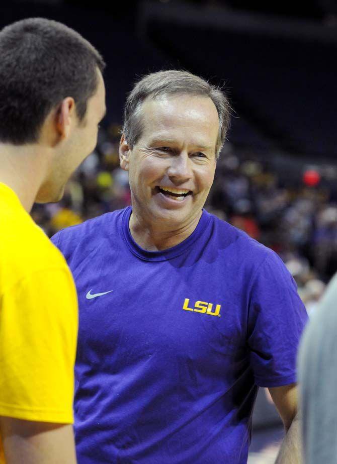 LSU President F. King Alexander participates in a shoot out during the Basketball Bayou Madness in the PMAC friday, October 17.