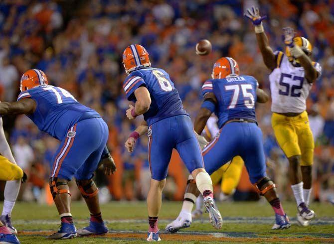 Florida junior quaterback Jeff Driskel (6) trhows an interception late in the forth quater Saturday, October 11, 2014 during the Tigers' 30-27 victory in Ben Hill Griffin Stadium.