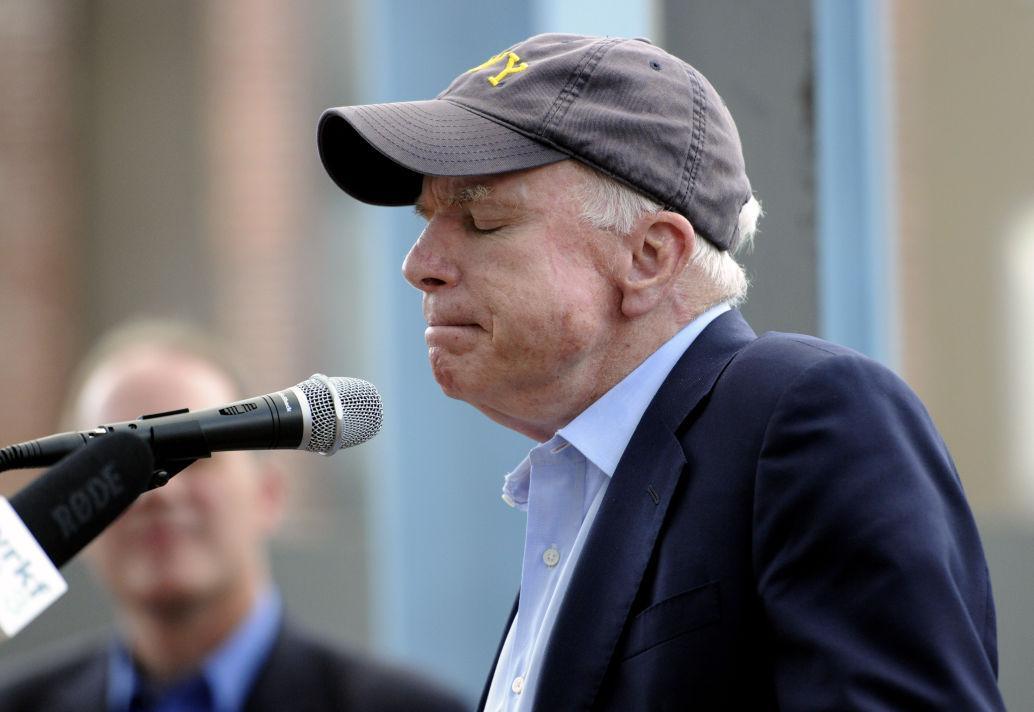 Former presidential candidate John McCain speaks in support of Bill Cassidy at a veterans rally at the USS Kidd Veterans Museum on Monday.