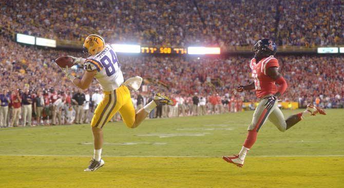 LSU senior tight end Logan Stokes (84) scores a touchdown during Tigers' 10-7 victory against Ole Miss Saturday, October 25, 2014 in Tiger Stadium