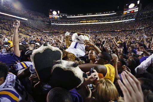 LSU mascot "Mike the Tiger" is hoisted by fans after they defeated Mississippi in an NCAA college football game in Baton Rouge, La., Saturday, Oct. 25, 2014. LSU won 10-7. (AP Photo/Jonathan Bachman)