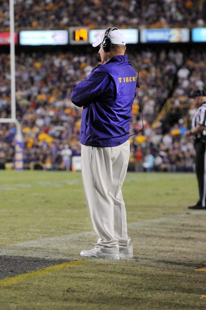 LSU head football coach, Les Miles, watches on as Tigers win 10-7 against Ole Miss in Tiger Stadium Saturday, October 25, 2014.