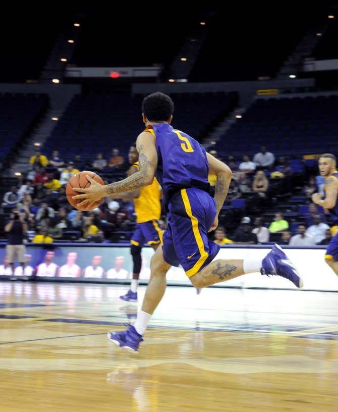 LSU men's basketball junior guard, Josh Gray (5), participates in Basketball Bayou Madness in the PMAC on Friday, October 17.