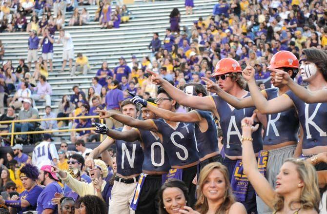 Fans chant in Tiger Stadium at the LSU Homecoming game against Ole Miss Saturday, October 25, 2014.