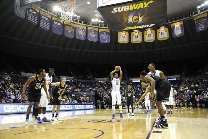 LSU freshman forward Jarell Martin (12) prepares to take a free throw Wednesday, Feb. 26, 2014 during the Tigers' 68-49 victory against Texas A&amp;M in the PMAC.