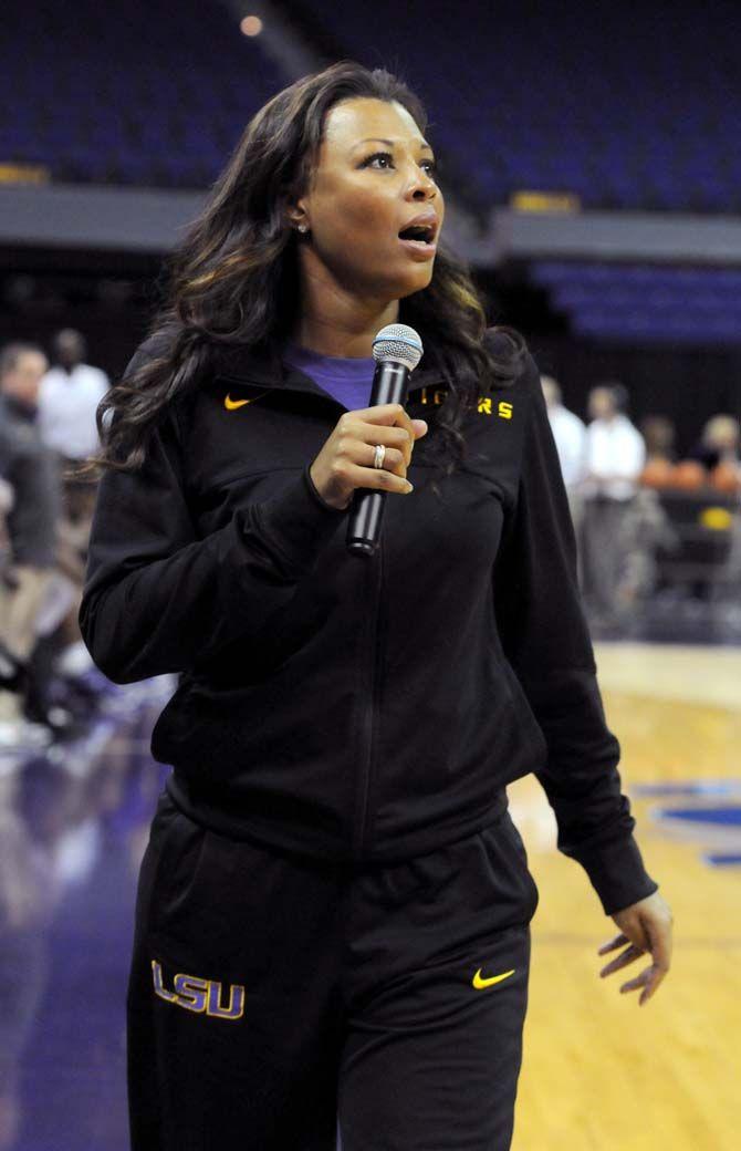 LSU women's basketball head coach Nikki Caldwell provides commentary for the women's scrimage in Basketball Bayou Madness in the PMAC on Friday, October 17.