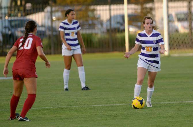 LSU sophomore midfielder Emma Fletcher (10) dribbles the ball during Tigers' 2-3 defeat against Alabama Thursday, October 9, 2014 in the LSU Soccer Stadium.