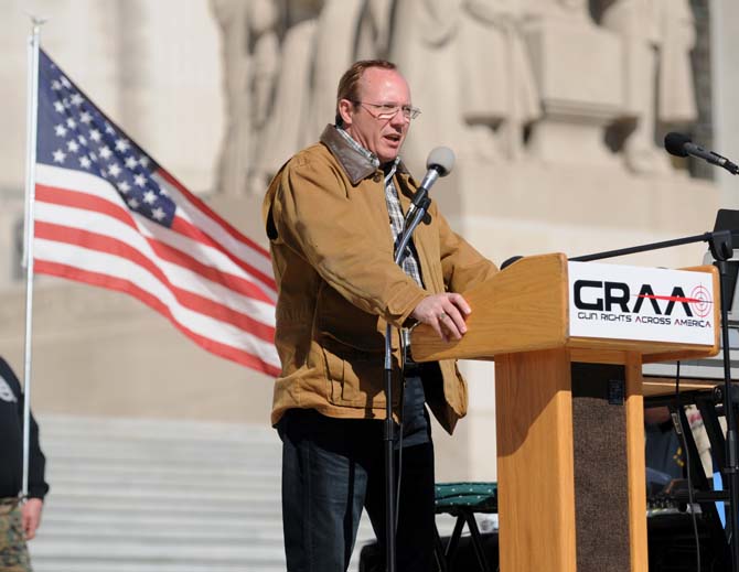 Senatorial candidate Rob Maness speaks to the crowd Sunday, Jan. 19, 2014 in front of the Louisiana state capitol building at the Gun Rights Across America rally.