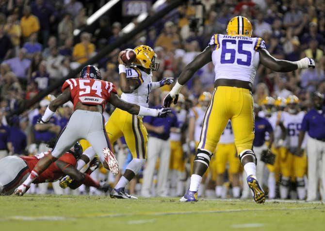 LSU sophomore quarterback, Anthony Jennings (10), throws the ball in Tiger Stadium Saturday, October 25, 2014 where LSU won 10-7 against Ole Miss.