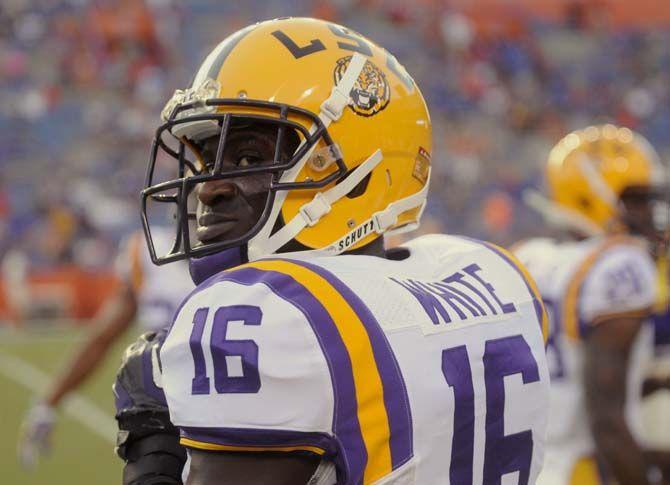 LSU sophomore defensive back Tre'Davious White (16) stands in the sidelines before the game Saturday, October 11, 2014 during the Tigers' 30-27 victory in Ben Hill Griffin Stadium.