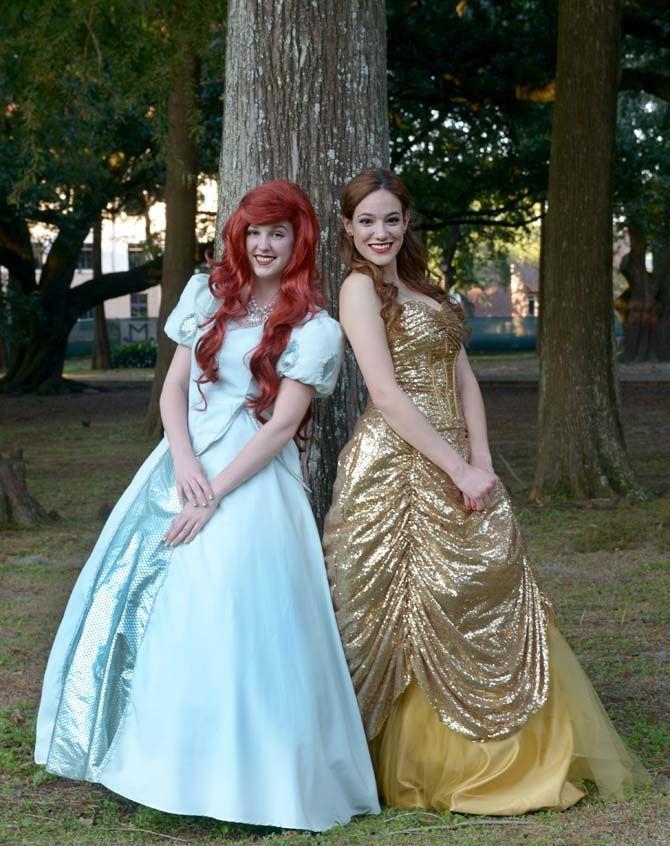 LSU junior digital advertising major, Reagan May (Mermaid Princess/left) poses with sophomore education major, Corinna Cherrier (Beauty/right), for May's business, started in July, called "Rent a Princess" where the girls are hired for birthday parties and other events