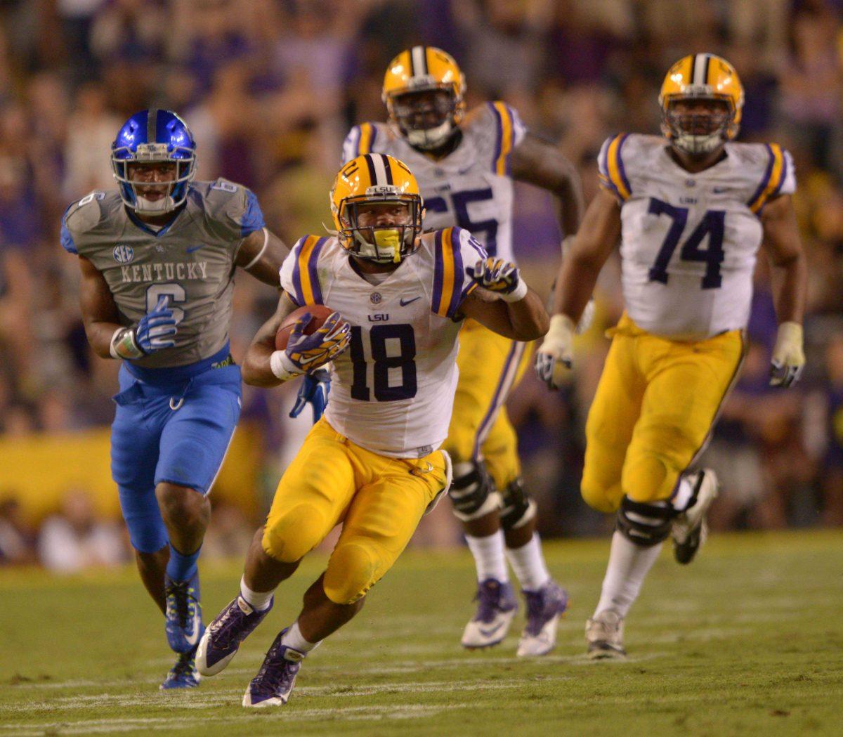 LSU's Terrence Magee (18) runs the ball for the touchdown in LSU vs Kentucky (41 and 3) at Tiger Stadium October 18, 2014.