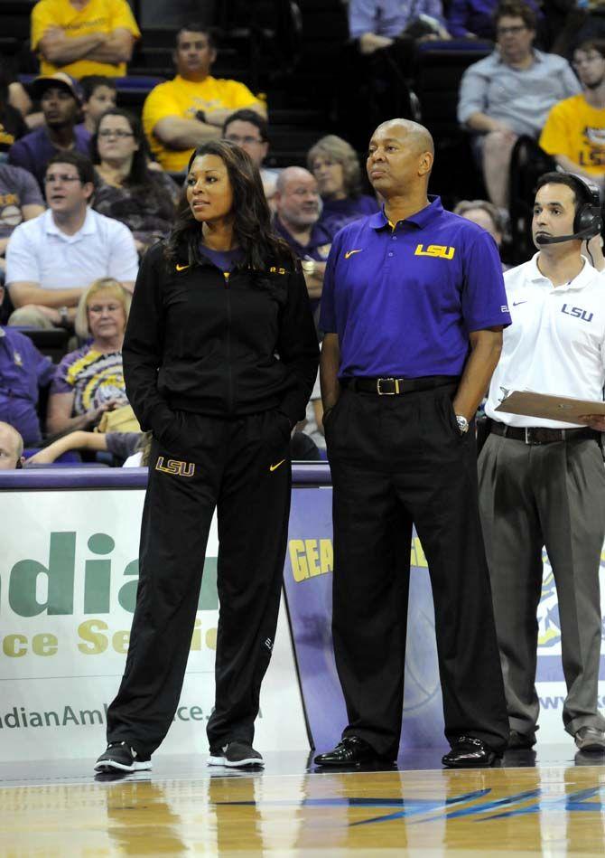 LSU women's basketball head coach Nikki Caldwell and men's basketball head coach Johnny Jones look on as players participate in Basketball Bayou Madness on Friday, October 17, in the PMAC.