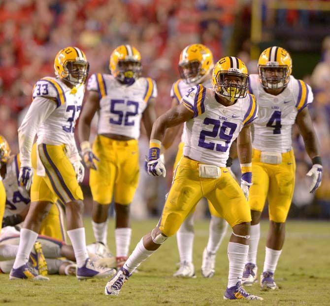 LSU sophomore saftey Rickey Jefferson(29) gestures the crowd tackleing opponent during the Tigers' 10-7 victory against Ole Miss Saturday, October 25, 2015 in LSU Tiger Stadium.