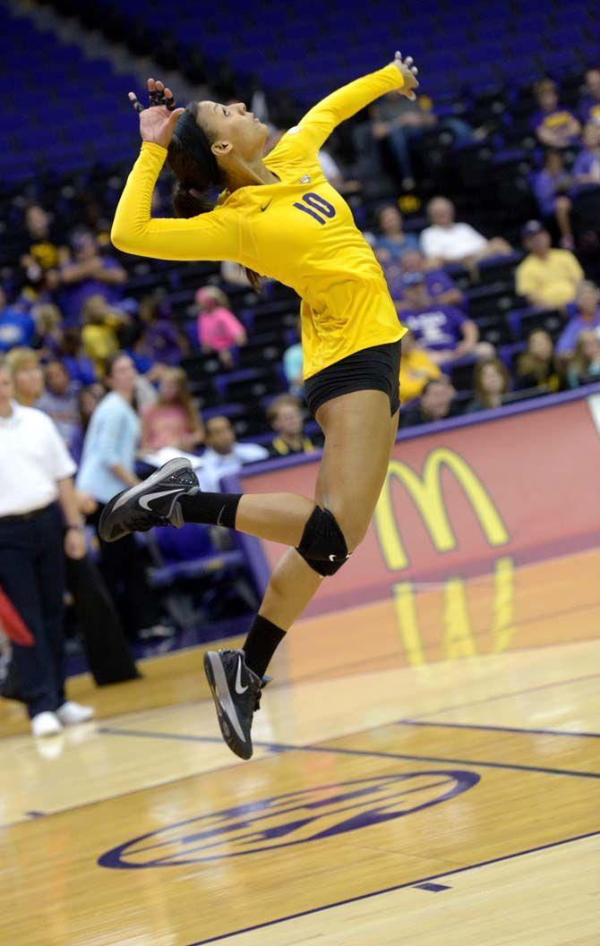 LSU freshman outside hitter Mimi Eugene (10) serves the ball during the game against Mississippi State Wednesday in the PMAC where LSU won 3-0.