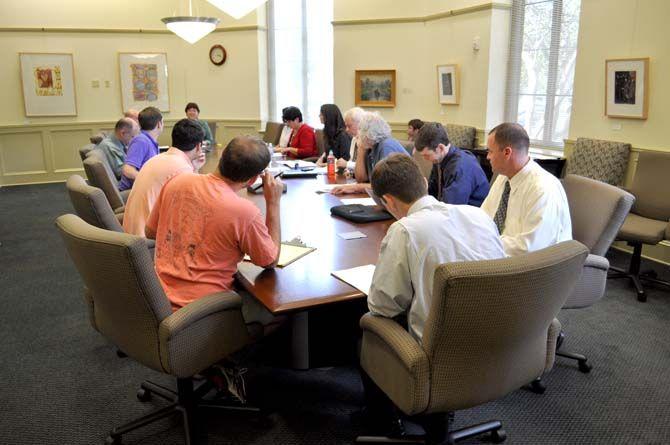 Students and faculty sit in on a Student Tech Fee meeting on Tuesday, October 7th, 2014.