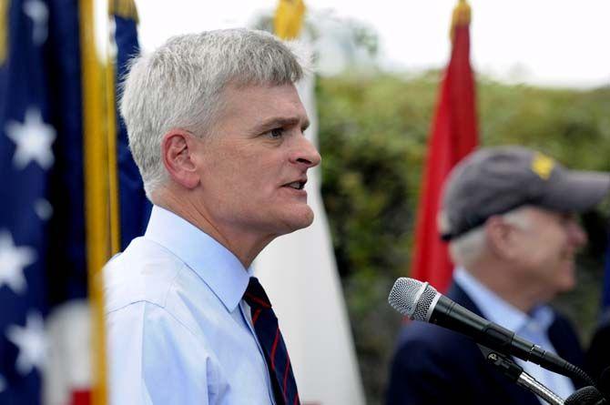 Bill Cassidy addresses veterans during a rally at the USS Kidd Veterans Museum Monday.