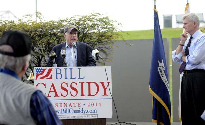 Former presidential candidate John McCain speaks in support of Bill Cassidy at a veterans rally at the USS Kidd Veterans Museum on Monday.