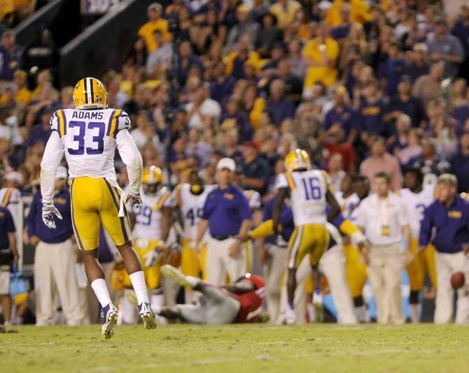 LSU freshman safety, Jamal Adams (33), celebrates after a play in Tiger Stadium Saturday, October 25, 2014, where LSU won 10-7 against Ole Miss.