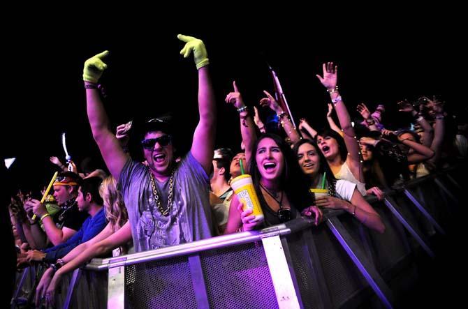 Festival goers get hype during Big Gigantic's set on the Le Plur Stage on Saturday Nov. 2, 2013 at the 2013 Voodoo Music + Arts Experience.