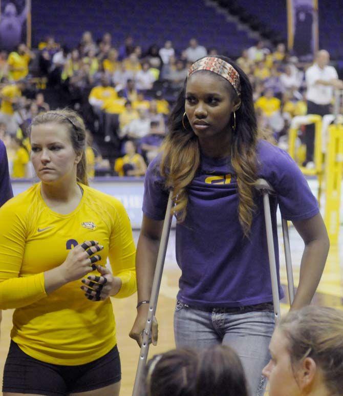 LSU junior middle blocker Khourtni Fears (1) sits on the sidelines during Tiger's 1-3 loss aginst Kentucky Wednesday, September 24, 2014 in the PMAC.