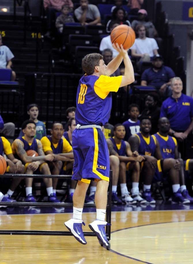 LSU men's basketball sophomore guard, Henry Shortess (10), participates in Basketball Bayou Madness in the PMAC on Friday, October 17.