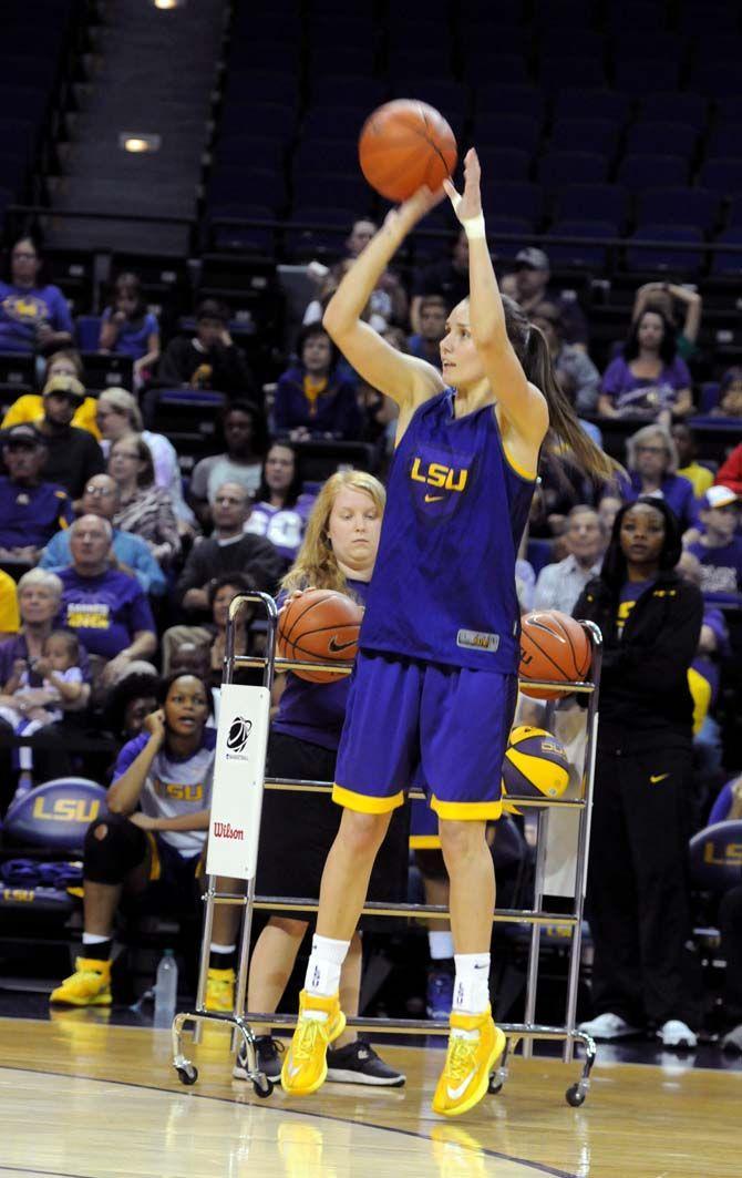 LSU women's basketball junior guard, Anne Pedersen (4), participates in Basketball Bayou Madness on Friday, October 17, in the PMAC.