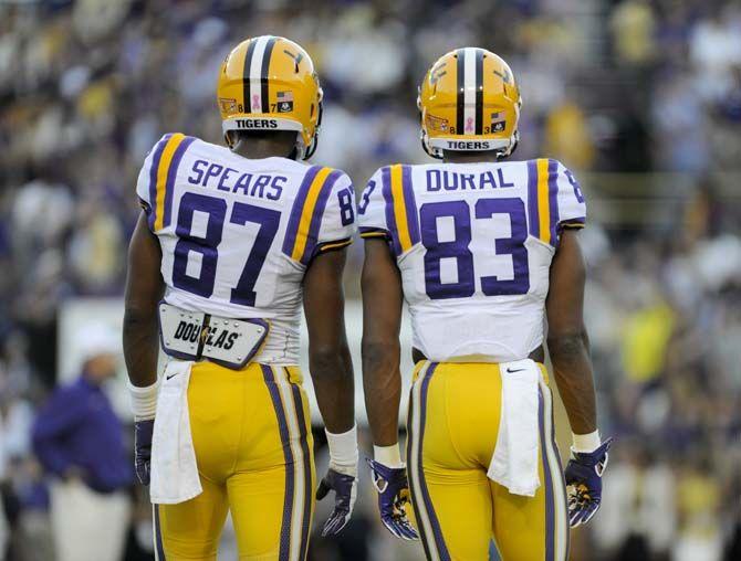 LSU freshman wide receiver, Kevin Spears (87), stands with sophomore wide receiver, Travin Dural (83) in Tiger Stadium Saturday, October 25, 2014 where Tigers won 10-7. .