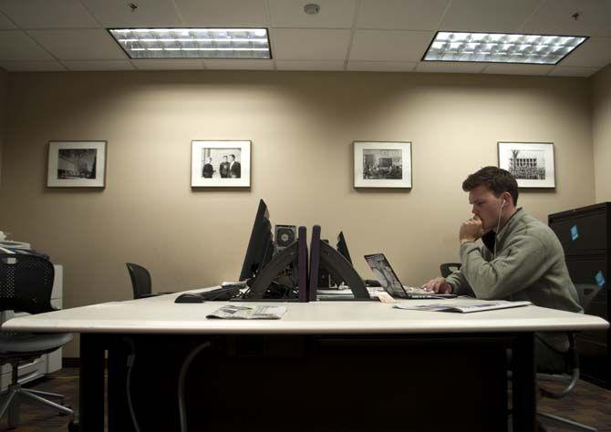 George Bevan, student government chief of staff, works in the student senate office in the union on Thursday.