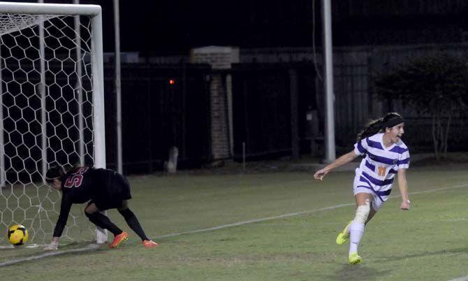 LSU junior midfielder Natalia Gomez-Junco (11) celebrates scoring on her birthday during the Tigers' 2-3 defeat against Alabama Thursday, October 9, 2014 in the LSU Soccer Stadium.