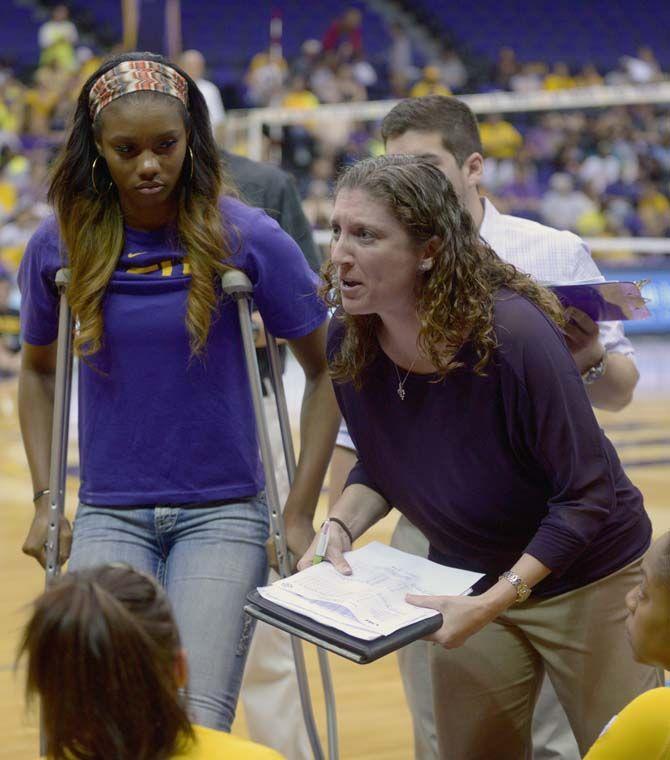 LSU junior middle blocker Khourtni Fears (1) sits on the sidelines during Tiger's 1-3 loss aginst Kentucky Wednesday, September 24, 2014 in the PMAC.