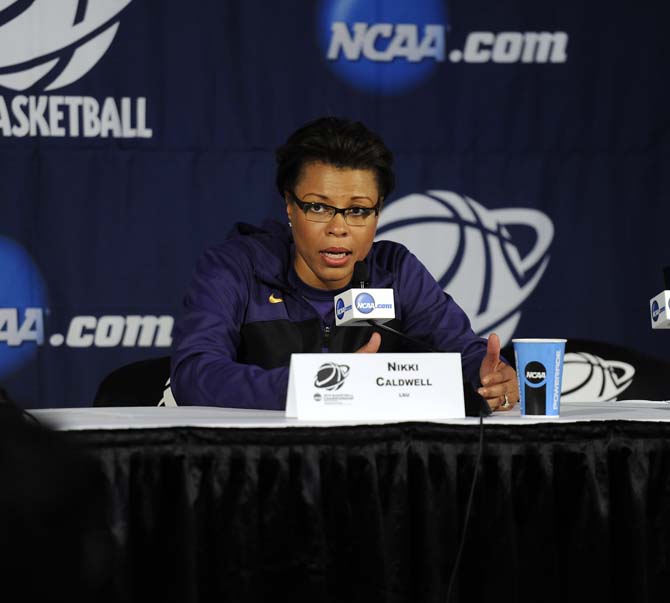 LSU head women's basketball coach Nikki Caldwell answers questions Sunday, March 23, 2014, following the Tigers' 98-78 win against Georgia Tech in the PMAC.