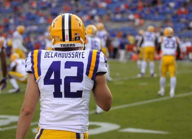 LSU sophomore placekicker Colby Delahoussaye (42) gets ready to warm up Saturday, October 11, 2014 during the Tigers' 30-27 victory in Ben Hill Griffin Stadium.