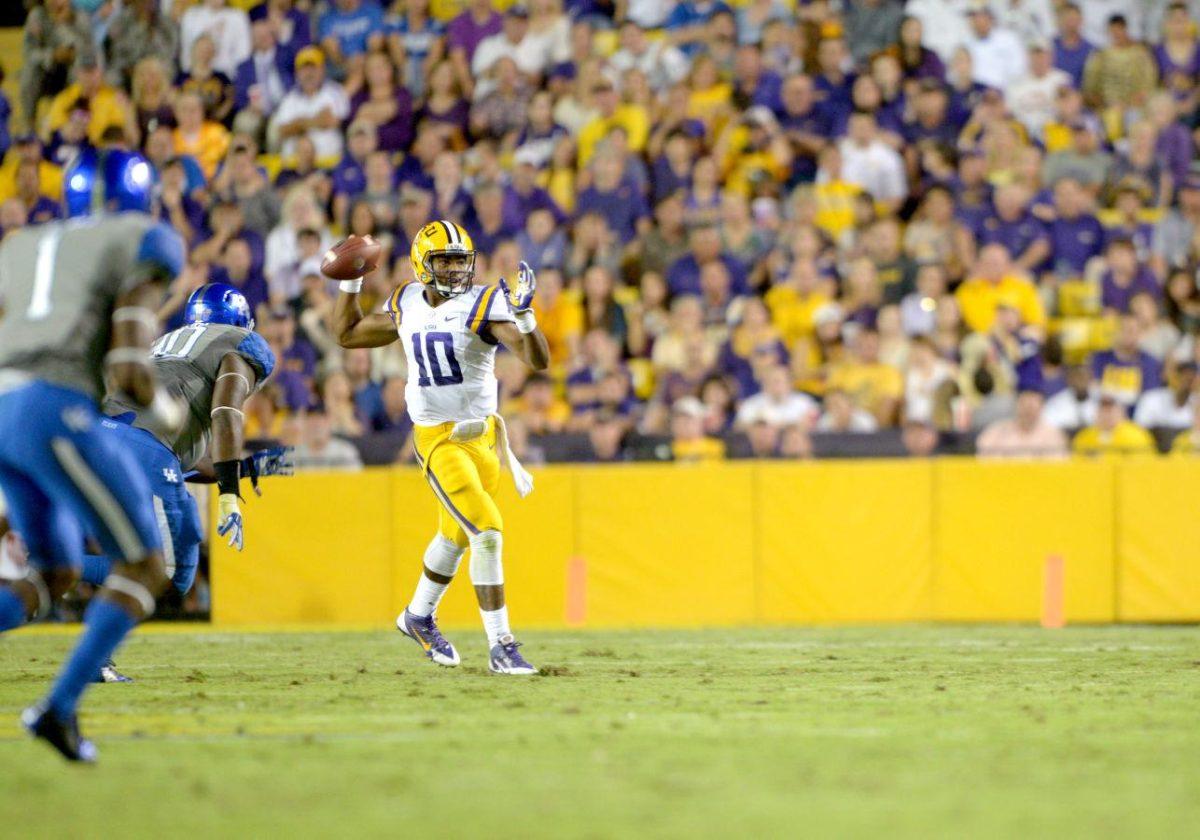 Sophomore quarterback Anthony Jennings (10) throws a pass during the Tigers' 42-3 victory against Kentucky on Saturday, October 18th, 2014.