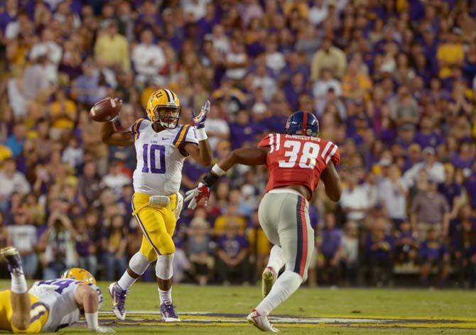 LSU sophomore Quarterback Anthony Jennings (10) passes the ball during Tigers' 10-7 victory against Ole Miss Saturday, October 25, 2014 in Tiger Stadium