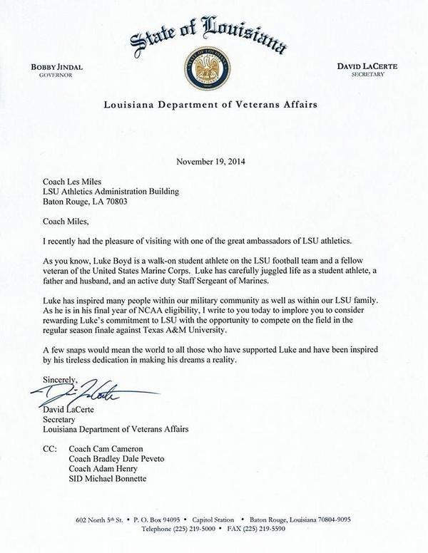 State veterans affairs secretary requests Les Miles play Luke Boyd in letter