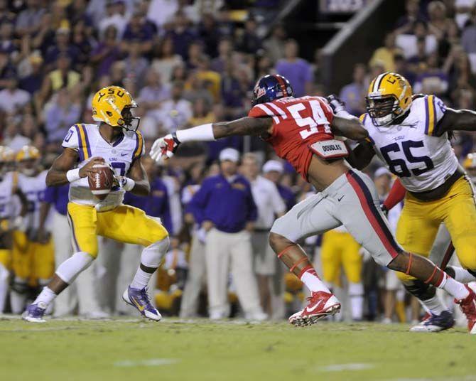 LSU sophomore quarterback, Anthony Jennings (10), throws the ball in Tiger Stadium Saturday, October 25, 2014 where LSU won 10-7 against Ole Miss.