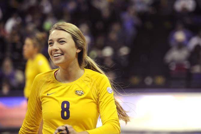 LSU senior outside hitter Helen Boyle (8) warms up before the game during the Tigers' 3-1 victory over Tennessee Friday, Nov. 14, 2014 in the PMAC.