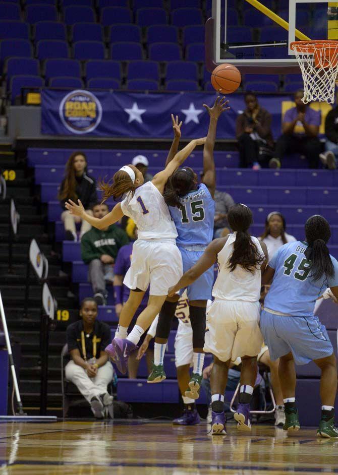 LSU freshman guard Jenna Deemer (1) attempts to block the ball during the game Wednesday, November 19, 2014 where LSU lost 51-45 to Tulane in the PMAC.