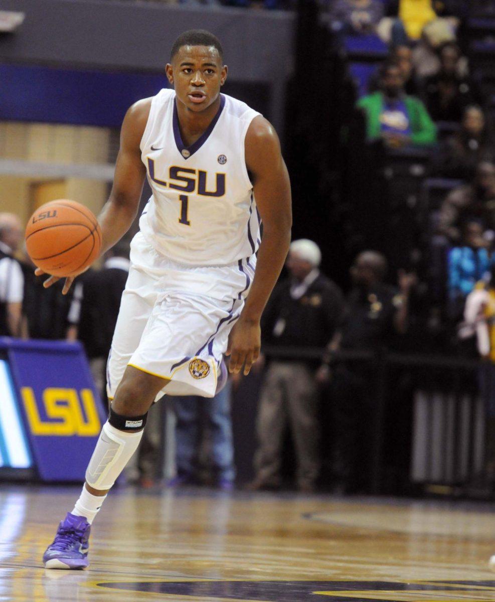 LSU sophomore forward, Jarell Martin (1), dribbles the ball down the court in the PMAC where LSU defeated Morehouse State 71-47 in the exhibition game on Friday, November 7, 2014.