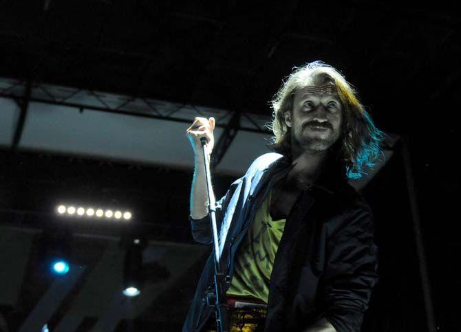 Eugene H&#252;tz of Gogol Bordello performs at stage Carnival at VooDoo Music Experience Sunday, November 2, 2014 in New Orleans.