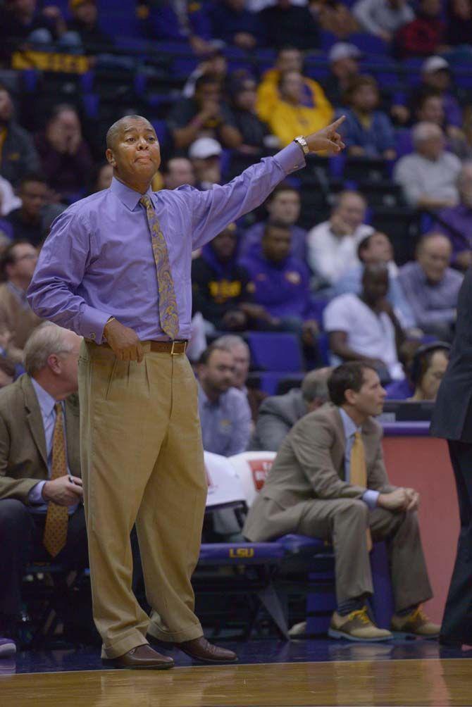 LSU men's basketball head coach, Johnny Jones, on the sidelines during the Tigers' 69-64 OT victory against Texas Tech Tuesday, Nov. 18, 2014 in the PMAC.