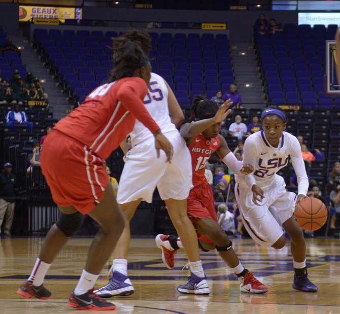 LSU senior guard DaShawn Harden (24) dribbles during the Lady Tigers' 64-57 defeat against Rutgers Saturday, Nov. 22, 2014 on the PMAC.