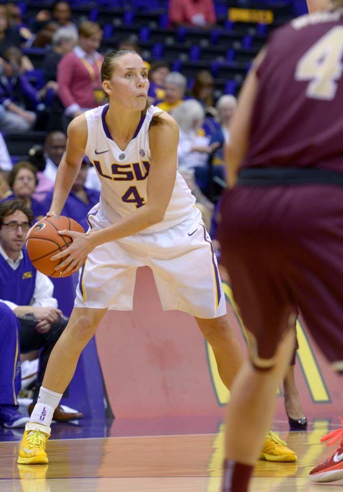 LSU women's basketball junior guard, Anne Pedersen (4), passes the ball during the game against Loyola in the PMAC where LSU won 93-71 on Wednesday, November 5, 2014.