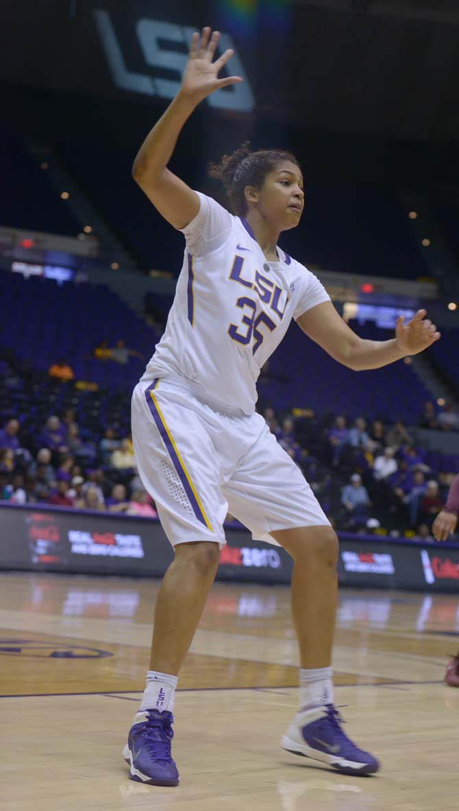 LSU freshman center/forward, Alliyah Fareo (35), guards against Loyola in the PMAC on November 5, 2014, where LSU won 9