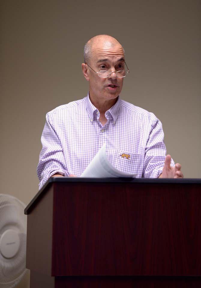 LSU Student Health Center chief of medical staff Nelson Perret, M.D. briefs an audience on the ebola virus, debunking misconceptions and explaining the intricacies of how the disease affects the community at large Wednesday, November 5, 2014 in the Student Health Center.